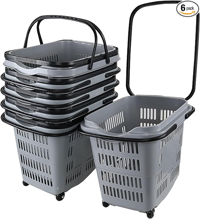 Saedy Shopping Baskets with Handles Set of 6, 50 L Plastic Laundry Basket on Wheels