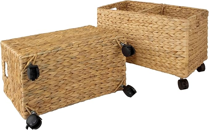 PEMAR Rolling Wicker Storage Basket Set of 2 – Natural Water Hyacinth & Seagrass Bins on Wheels with Removable Divider & Insert Handles – Nesting Design for Under Desk, Home & Office Organization