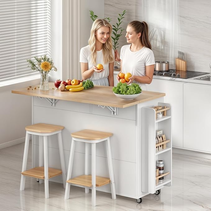 53.9" Rolling Kitchen Island Cart with Drop Leaf & Storage - Mobile Kitchen Organizer with Wheels, Rubberwood Top, Trash Bin Cabinet & Towel Rack, White Farmhouse Style for Small Spaces