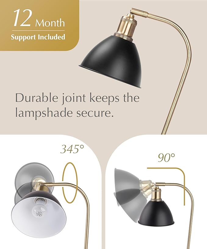 HarvestLand Halo Black and Brass Desk Lamp – Adjustable Desk Lamp with Metal, Industrial Table Lamp with Solid Base for Home Office, Bedside Table Lamps, Task Lamp, Reading lamp, Christmas Gifts