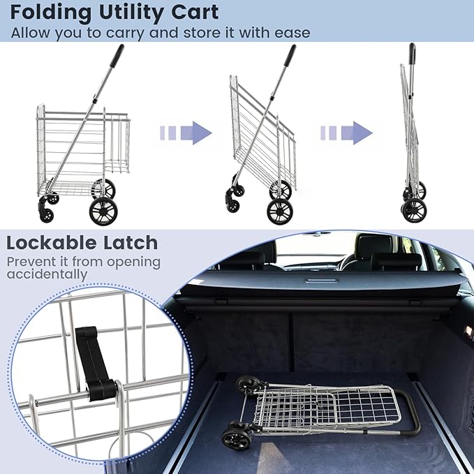 Goplus Folding Shopping Utility Cart, Double Basket and 360° Swivel Wheels, Adjustable Handle, Small Cart Perfect for Grocery Laundry Book Luggage Travel