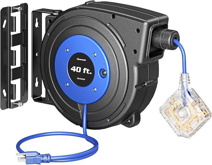DEWENWILS Retractable Extension Cord Reel with 6 Grounded Outlets, 40FT Retractable Cord Reel, Twist-lock Stopper, 12/3C SJTOW, 15A Circuit Breaker, Heavy Duty Power Cord, ETL Listed