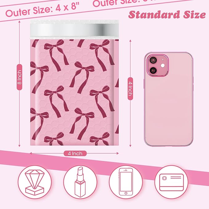 Fuxury Bubble Mailers 4x8 100 Pack, Pink Bows Cute Design Bubble Envelopes Usable Size 4x7",Strong Adhesion Pattern Padded Shipping Envelopes Thick Mailer for Mailing Jewelry, Makeup,Small items
