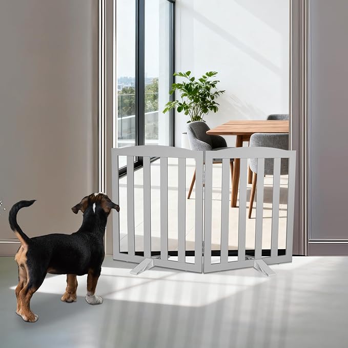 Freestanding Dog Gate Indoor,Doggie Gate Foldable Pet Gates for Doorways,Stairs or Hallways, Wooden Grey Pet Gate for The House, Pet Fence with Support Feet Included,24 "Height-2 Panels