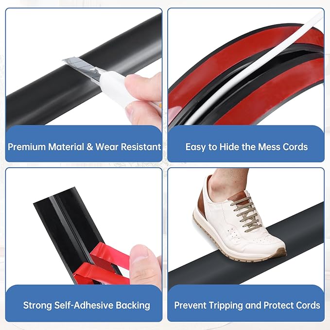 Floor Cord Cover Self Adhesive Cord Hider Floor Extension Cord Covers for Floor Power Cord Protector Cable Management Prevent Cable Trips Cable Cavity 0.47" W x 0.27" H (Black, 10Ft)