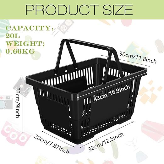 20 Pcs Bulk Shopping Baskets with Handles, 20 L Plastic Grocery Basket 16.9'' x 11.8'' x 9.1'' Portable Shopping Cart for Retail Stores Supermarket(Black)
