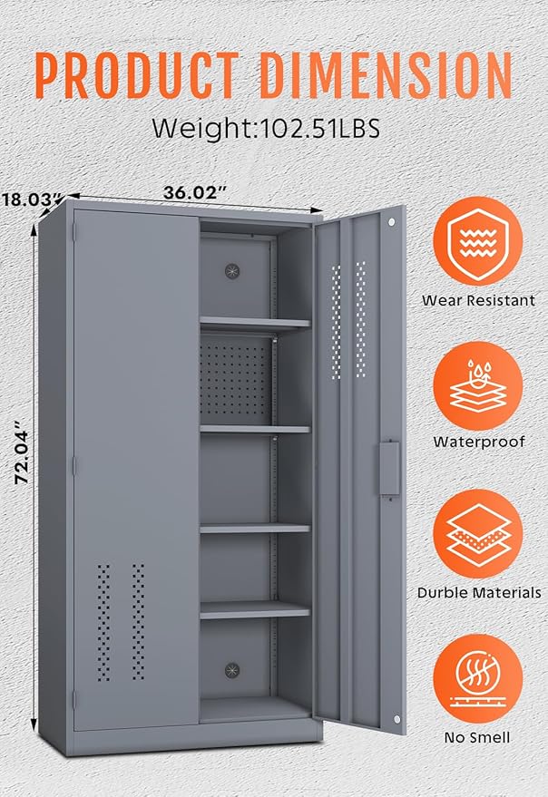 Metal Storage Cabinet Organization, 72'' Tall Locking Cabinet with Doors, Upgraded 4 Adjustable Shelves and Pegboard Garage Storage, Steel Tool Cabinets for Home, Office, Warehouse