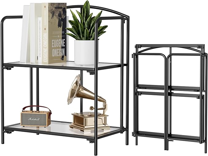 Crofy No Assembly Folding Bookshelf for Living Room, 2 Tier Black Collapsible Book Shelf for Home Office, Portable Bookcase Storage Organizer