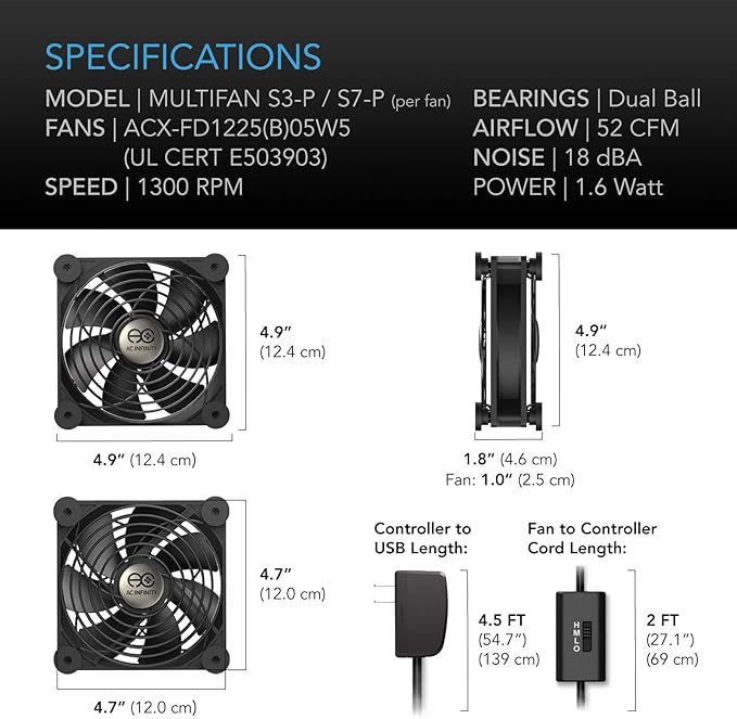 AC Infinity MULTIFAN S7-P, Quiet Dual 120mm AC-Powered Fan with Speed Control, UL-Certified for Receiver DVR PlayStation Xbox Component Cooling