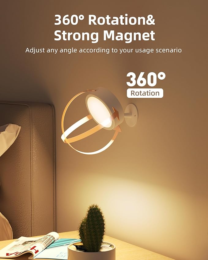 EZVALO LED Wall Mounted Lights, 5500mAh Rechargeable Wall Light Wall Sconces Lamp, 3 Color Temps & Remote and Touch Control, 360°Rotation Dimmable Cordless for Bedroom Reading Study Bedside (White)