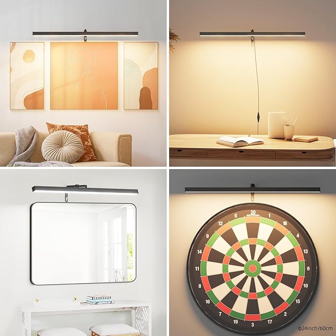 24" Plug in Picture Light for Paintings with Remote Control, 9W LED Art Display Lighting for Gallery, Dartboard, Artwork, Black Wall Mounted Picture Frame Light