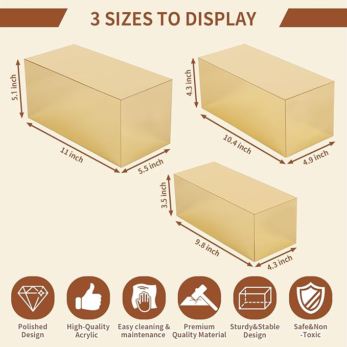 Acrylic Food Display Risers, Gold Risers Boxes 3Pcs Rectangular Display Stand Shelf Buffet Risers for Catering Dessert Buffet Table, Parties, Weddings, Collectibles Shoes Display(3pc)