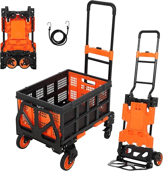Garvee Folding Hand Truck, 330 LB Heavy Duty Dolly Cart with Foldable Basket, Portable Folding Hand Cart with Bungee Rope, Rubber Wheels and Retractable Handle for Luggage, Moving, Office, Orange