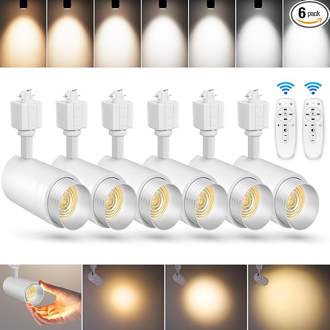 【2025 Upgraded】Zoomable 12W LED Track Light Head Dimmable H Track Lighting Remote Control Bright Ceiling Spotlight Fixtures for Kitchen Dining Room 2700K-6500K 15°~60° CRI90 1200lm White 6 Pack