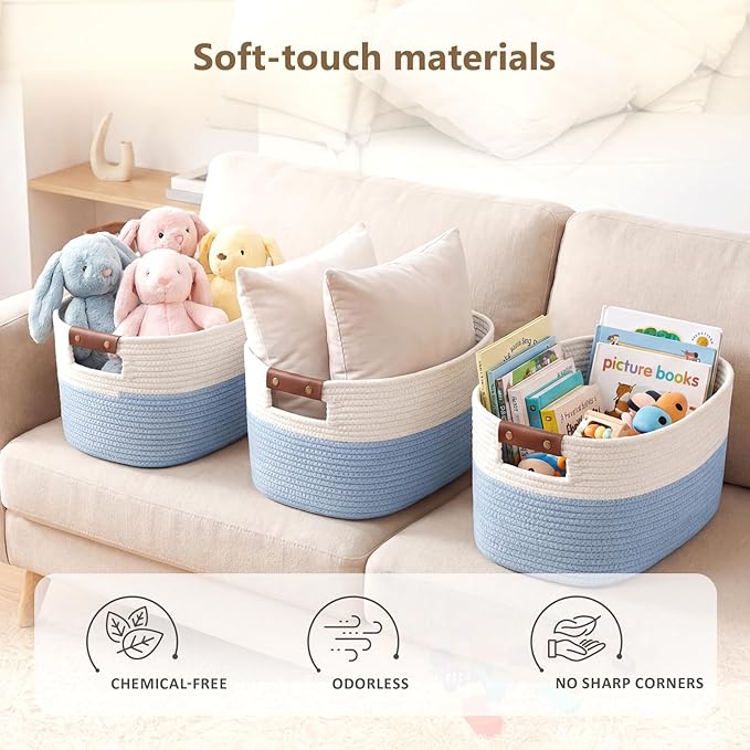 Cotton Rope Basket, Storage Baskets with Handle, 15x10x9 Inch Woven Basket for Shelves, Laundry, Towels, Clothes, Books (White/Blue 1Pack)