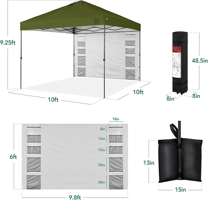 Best Choice Products 10x10ft Easy Pop Up Canopy w/Side Wall, 10 Pockets, Portable Carrying Case, 1-Button Setup, 4 Weight Bags - Olive Green