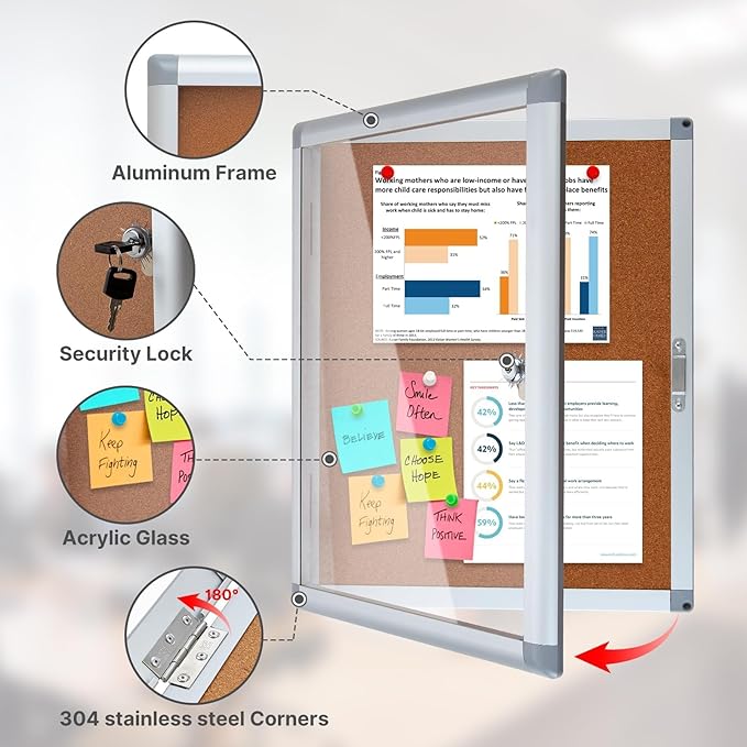 Enclosed Cork Bulletin Board Tamper-Proof Dispaly Case, Aluminium Frame, All-Weather Cork Noticeboard, Outdoor Enclosed Cork Board for School, Office, Restaurant, Hospital (20 X 16 Inches)