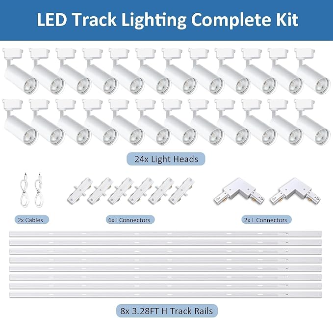 Super Brightness 3000K Warm Light Dimmable Brightness 25W 2000lm White H Type LED Track Lighting Kit System with 26 FT Track Rails, Ceiling Spotlight Fixture with Installation Package