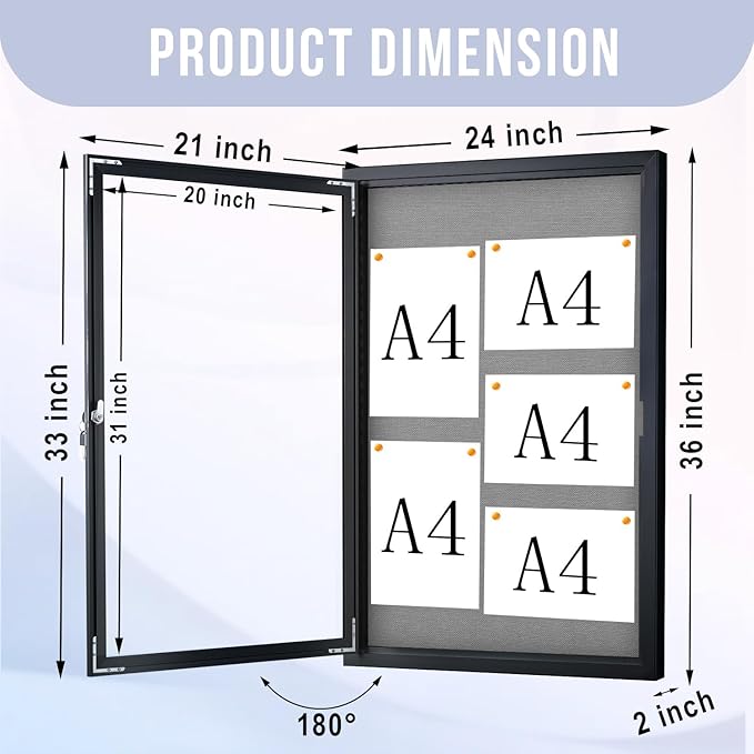 Enclosed Bulletin Board 36"x24" Outdoor Weatherproof Cork Noticeboard with Locking Door Wall-Mounted Gray Fabric Black Aluminium Frame for Home, School, Office, Community, Hospital