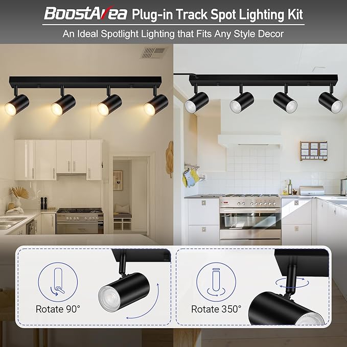 BoostArea Plug in Track Lighting, LED Track Light Kit, Black 4-Light Track Lights for Kitchen, 15 FT Cord,4 Way Ceiling Spotlight, Rotatable Wall Mount Light Head for Bedroom Hallway Living Room