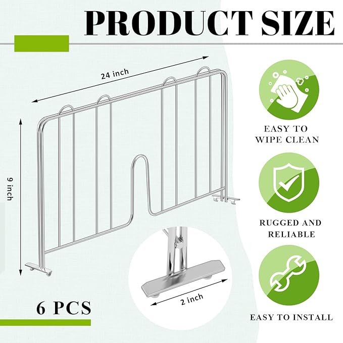 6 Pcs 24" W X 9" H Wire Shelf Divider Chrome Plated Steel Wire Rack Divider for Shelving Metal Accessories for Bathroom Kitchen Office Pantry Room Storage Organization, Silver