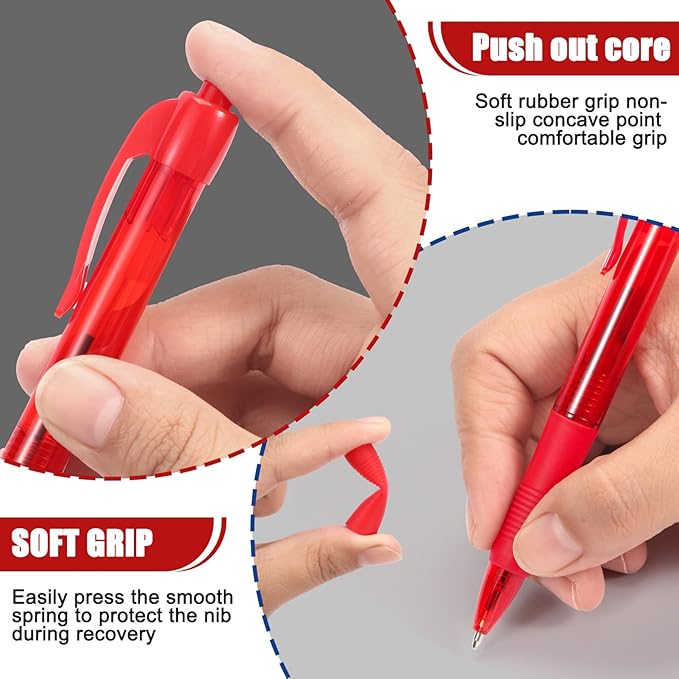 deegtran Pens Bulk, 100 Pack No Bleed Red Ink Click Pens with Soft Grip, Wholesale Retractable Ballpoint Pens for Office School, Medium Point Smooth 1.0MM