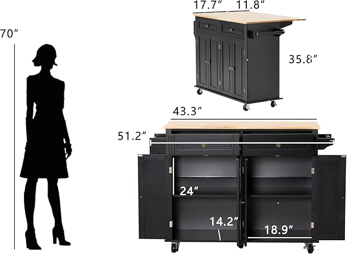 51.2'' Rolling Kitchen Island Cart with Drop Leaf Countertop, Kitchen Carts on Wheels with Storage, 2 Drawers, Towel Rack Island for Dining Room, Black