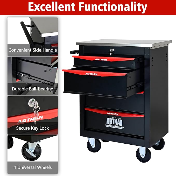 4 Drawer Rolling Tool Chest with Locker, 22.2" D Metal Movable Lockable Tool Cart Box Multi-Functional Hardware Storage Cabinet Box for Warehouse Basement Home Pantry Garage