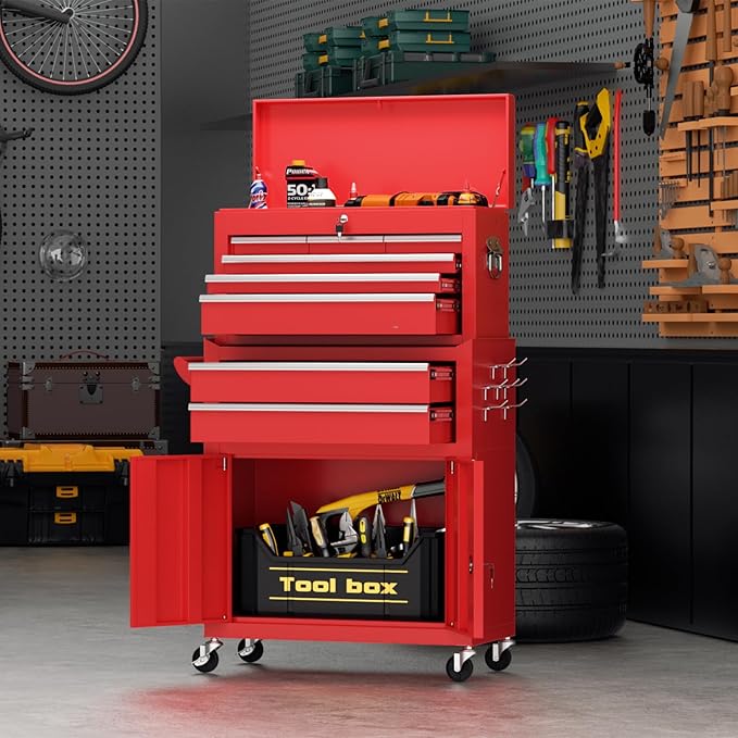 Superday Metal Rolling Tool Chest, 8 Drawer Rolling Tool Chest with Wheels, Detachable Tool Storage Cabinet with Lock for Garage, Steel Tool Cart with Liner & Hooks for Workshop, Warehouse (Red)