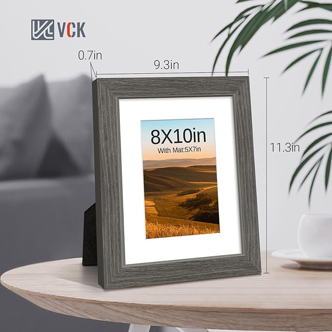 VCK 8x10 Picture Frame 5 Pack - Grey, High-End Wood Poster Frames with Tempered Glass, Display 5x7 Photo with Mat or 8x10 without Mat, Art Gallery-Quality, Wall Hanging/Tabletop, Grey