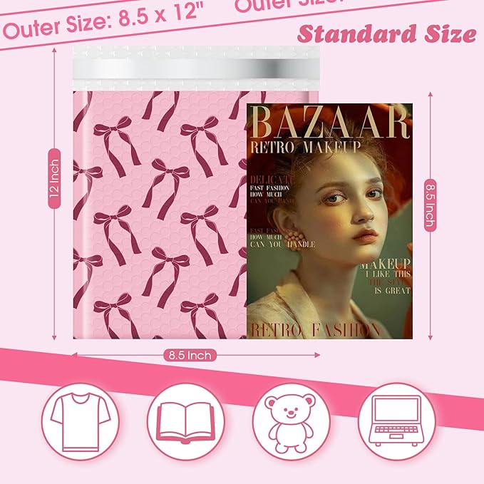 Fuxury Bubble Mailers 8.5x12 40 Pack, Pink Bows Cute Design Bubble Envelopes Usable Size 8.5x11",Strong Adhesion Pattern Padded Shipping Envelopes Thick Mailer for Mailing Books,Clothes