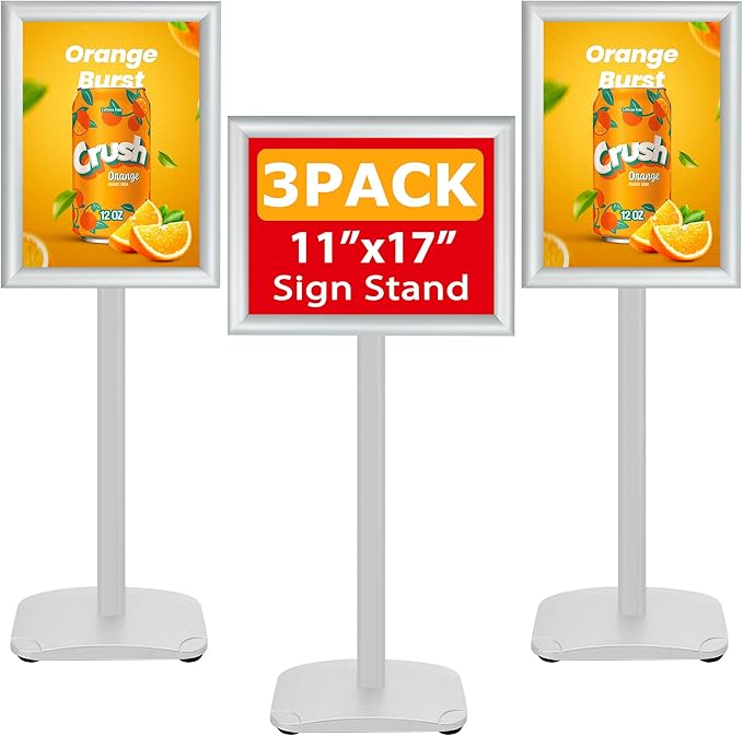 3 Pack Heavy Duty Standing Sign Holder 11x17 Inch - Pedestal Floor Sign Stand with Weighted Base - Vertical & Horizontal Poster/Menu Display Stands for Indoor/Outdoor Advertising, Silver
