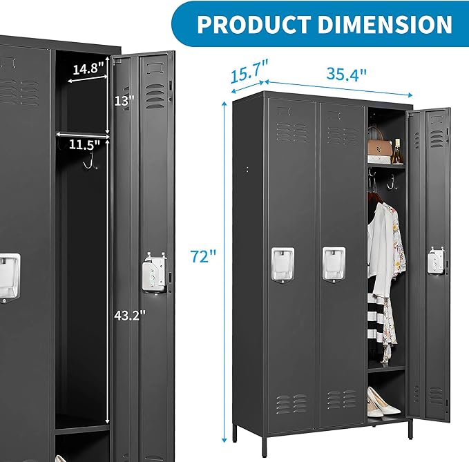 3 Doors Locker Storage Cabinet, Metal Locker for Employees, 72" Tall Lockers for Office School Gym Home, Require Assembly (Black)