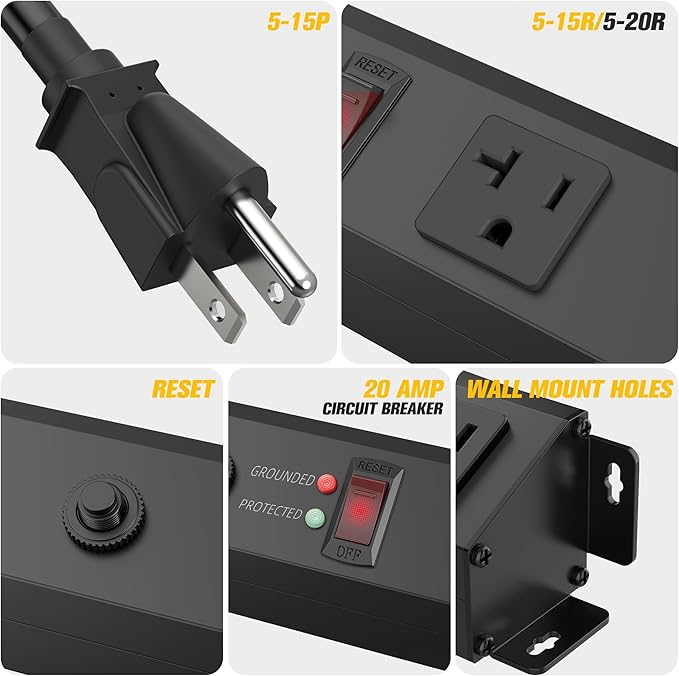 HHSOET 16 Outlet Long Power Strip, 4FT Heavy Duty Power Strip with 4800J Surge Protection, 20a Mountable Wide-Spaced Outlets for Home, Office, Garage & Workshop - ETL Certified (Black)