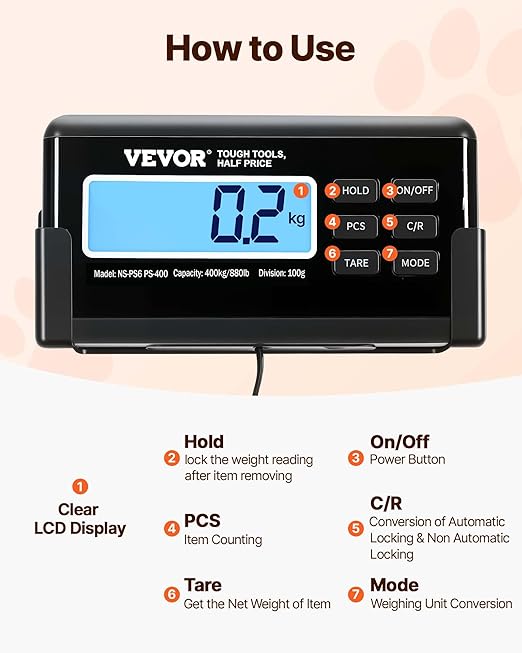 VEVOR 880Lbs x 0.2Lbs Livestock Scale Shipping Scales Large Platform 40.6x20.9Inch Stainless Steel Vet Scale Industrial Floor Scale Large Animal Dog Pig Scale Goat Weight Scale Pet Digital Scale