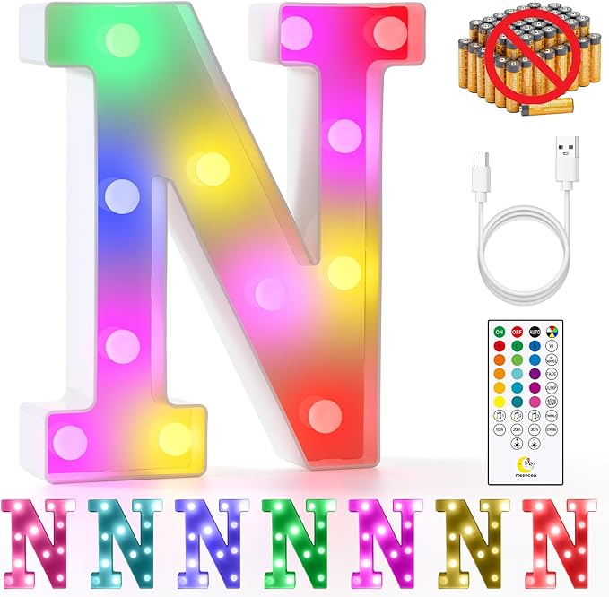 mooncow Rechargeable Light Up Letters,Colorful Marquee Letters with Remote,Gift Wrap Gifts,Bedroom Home Bar Party Decor (N)