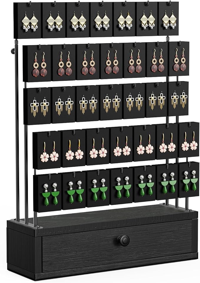 ORLESS 5-Tier Jewelry Display for Vendors, Earring Holder Organizer with Storage Drawer Box, Necklace Display Holder for Selling, Earring Cards Organizer for Bracelets, Rings, Black(35 Hooks)