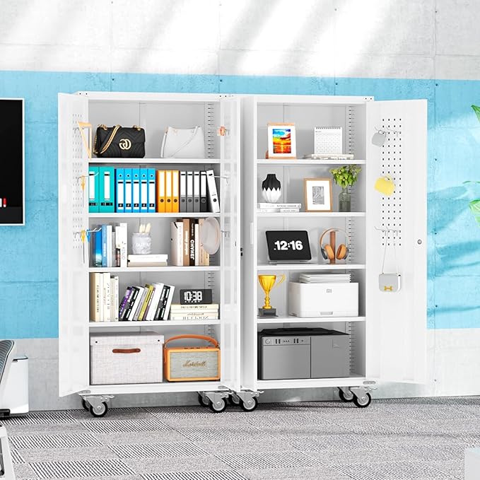 INTERGREAT Metal Storage Cabinet with Wheels, 72" Locking Storage Cabinets with Door and 4 Shelves, Tool Storage Locker on Casters for Home Office, White