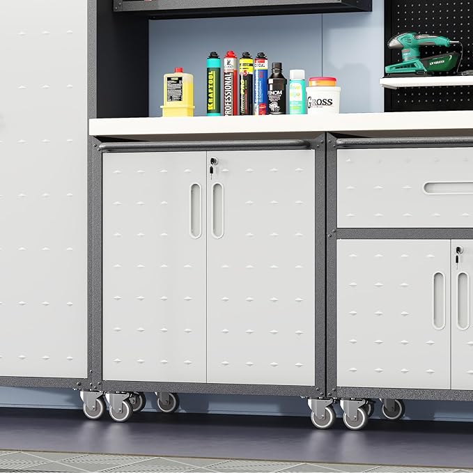 Metal Storage Cabinet with Wheels, Lockable Rolling Tool Chest with Adjustable Shelf & Handle & 2-Doors, Mobile Steel Locker for Garage, Home, Office, School, Assembly Required, Black&Grey