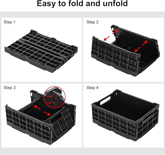 4-Pack Heavy Duty Stackable Storage Crates Plastic Collapsible Milk Crate Garage Organizing Bins Storage Containers for Home Office Moving Supplies, Black