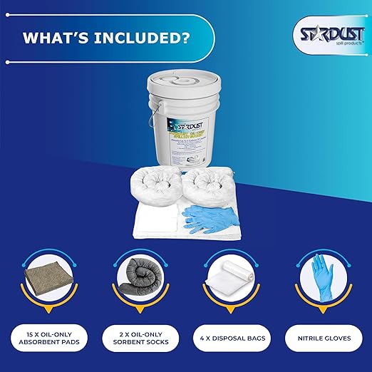 Stardust Spill Products D905P Oil Spill Kit OSHA Approved with Portable Bucket, (15) Oil Absorbent Pads, (2) 3"x4' Absorbent Socks, (4) Disposal Bags & Nitrile Gloves Oil Spill Kit for Fast Response