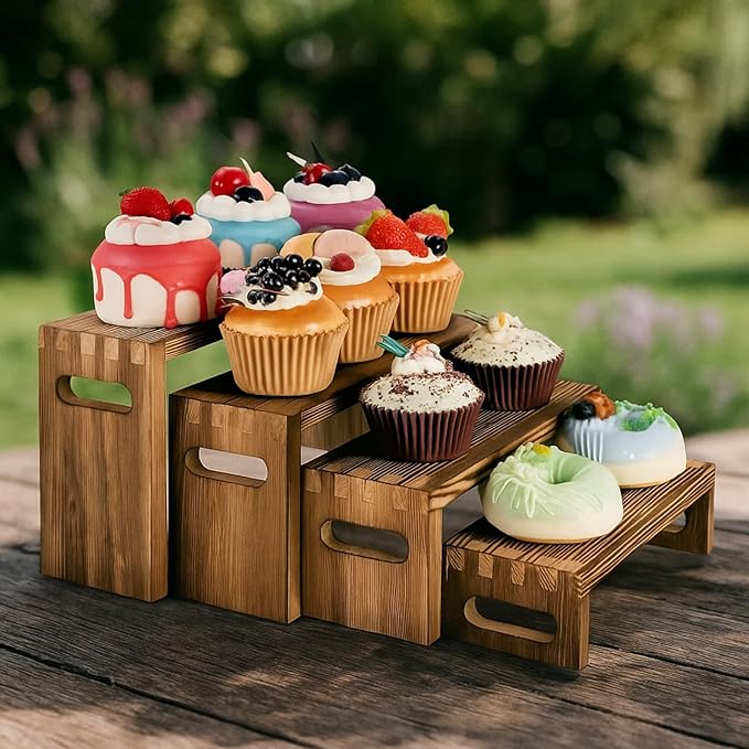 16PCS Wooden Buffet Risers and Stands with Reusable Table Signs, stackable Cube Rustic Wood Food Risers for Buffet Display, Cupcake Holder, Cupcake Stand, Dessert Table Display Set, 4 Sizes