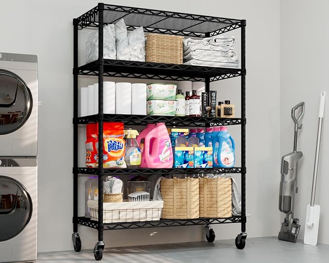PrimeZone Wire Shelving Unit with Wheels, 5 Tier Adjustable NSF Certified Heavy Duty Metal Storage Shelves, Pantry Organizer Rack Rolling Kitchen Shelf for Closet, 24" W x 18" D x 75" H, Black, 2 PCS
