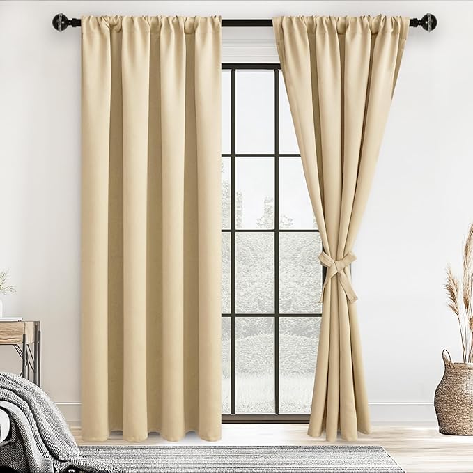 JIUZHEN Blackout Curtains for Bedroom– Thermal Insulated,Noise Reducing Room Darkening Privacy Drapes for Living Room, Set of 2 Panels with Tiebacks, 42 x 72 inch Long, Light Beige