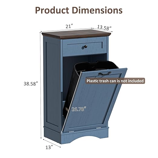 13 Gallons Tilt Out Trash Cabinet Freestanding Kitchen Trash Bin Cabinet Wood Garbage Recycling Cabinets with Hideaway Drawer Pet Proof Trash Can Holder for Kitchen Living Room, Blue
