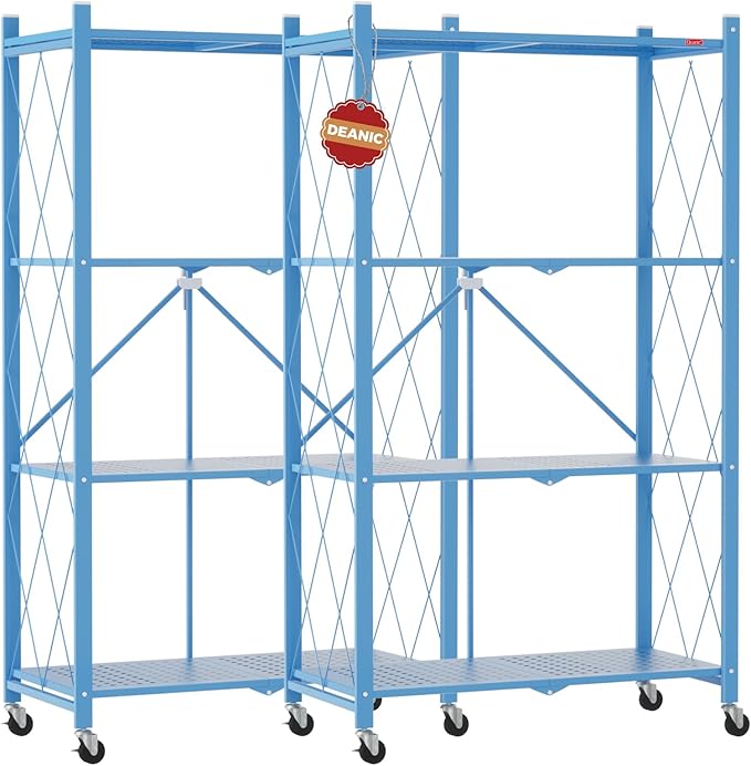 DEANIC 4 Tier Foldable Storage Shelves with Wheels, Large Capacity Shelving Unit, Freestanding Metal Wire Shelf Rack, No Assembly Organizer Rack for Garage Kitchen, Basement, Pantry(Blue Pack of 2)