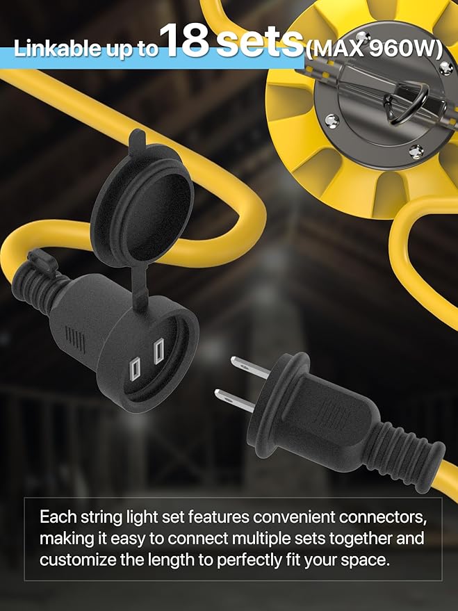 HYPERLITE Construction String Lights: 50FT 5 Bulbs Work Lights with Climbing Hooks - IP65 Waterproof Linkable LED Industrial Temporary Lighting for Construction Sites Attic Crawlspace Renovation