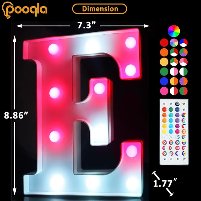 Pooqla Colorful Light Up Letters with Remote, Upgraded 35 Colors LED Marquee Letters, RGB Lighted Letter for Girls Teenager Gift, Birthday, Party, Wedding, Night Light, Room, Bedroom Decor, Letter E