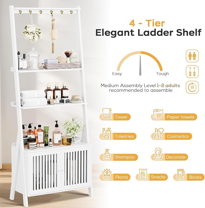 Bookcase with Drawers, 4-Tier Bamboo Bookshelf Ladder Shelf with 6 Hooks, Tall Narrow Retro Book Shelf, 24.8"L x 10.6"W x 59.5"H, Standing Storage Organizer for Living Room, Office, Bedroom, White