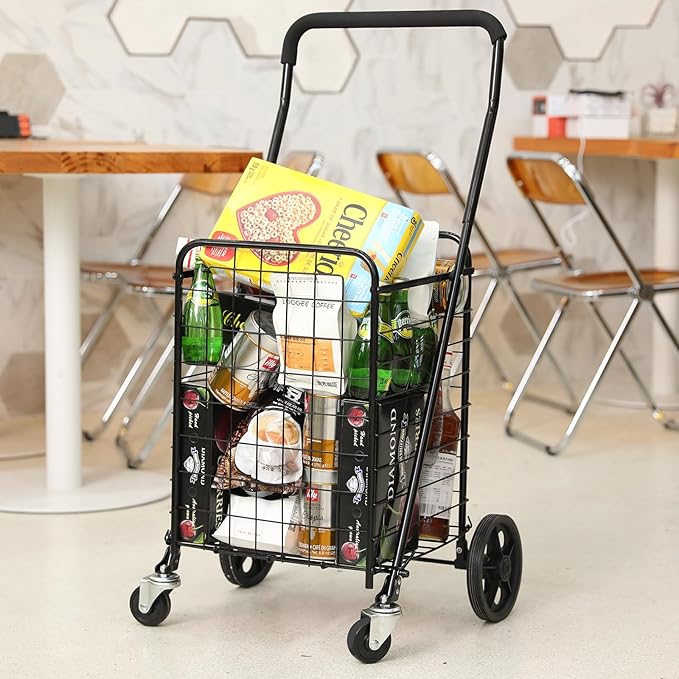Grocery Shopping Cart with 360° Rolling Swivel Wheels Utility Cart Easily Collapsible Cart 66lb Extended Foam Cover, Trolley for Laundry,Groceries,Travel Black (Medium)